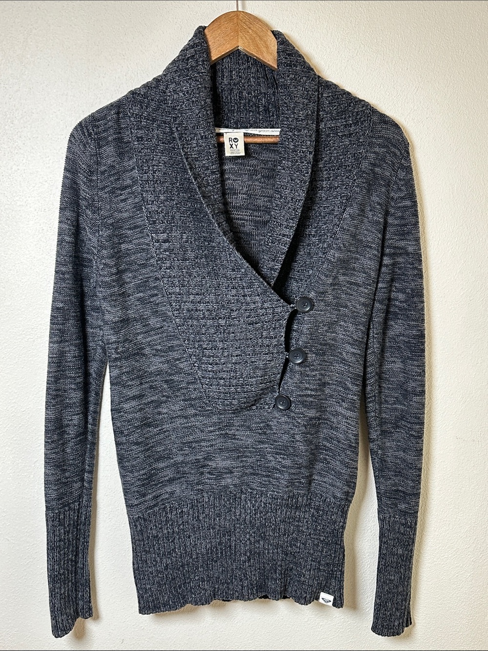 Roxy Charcoal Cowl Neck Button Sweater Sz M